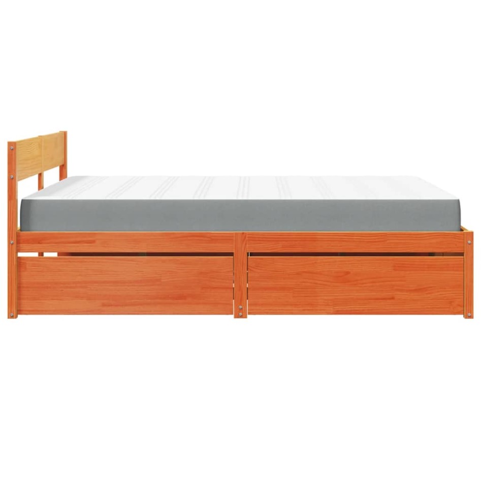 Cama con cajones y colchón madera maciza pino marrón 140x200
