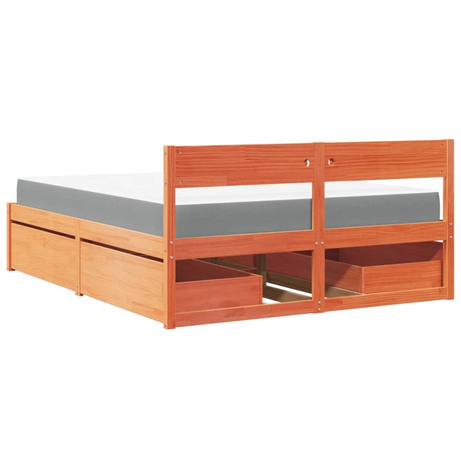 Cama con cajones y colchón madera maciza pino marrón 140x200