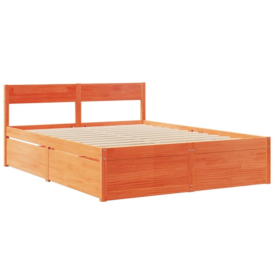 Cama con cajones y colchón madera maciza pino marrón 140x200