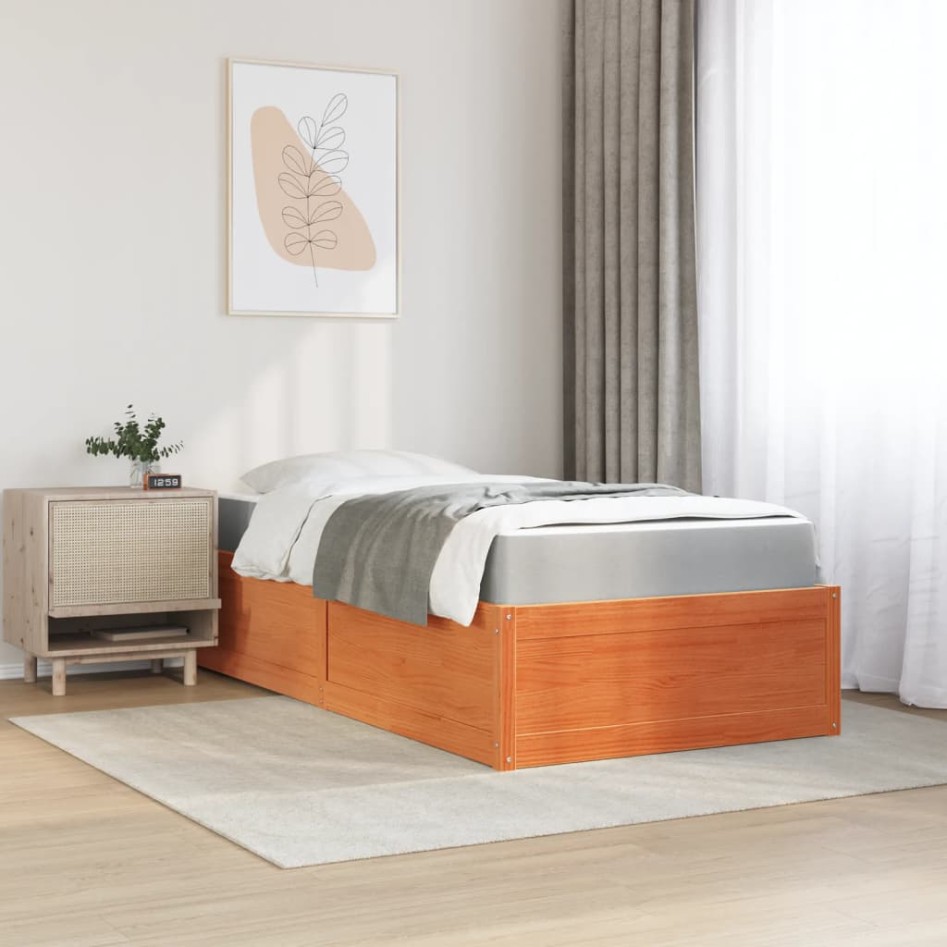 Cama con colchón madera maciza de pino marrón cera 100x200