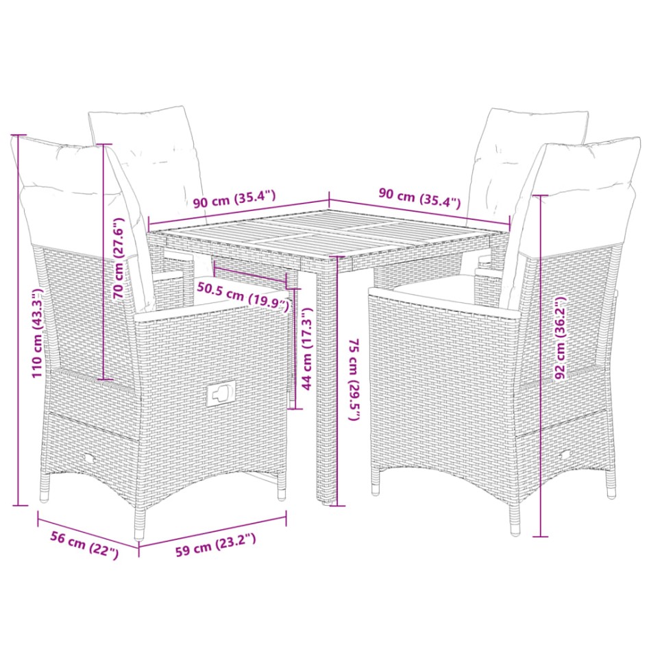 Set comedor de jardín 5 piezas con cojines ratán sintético