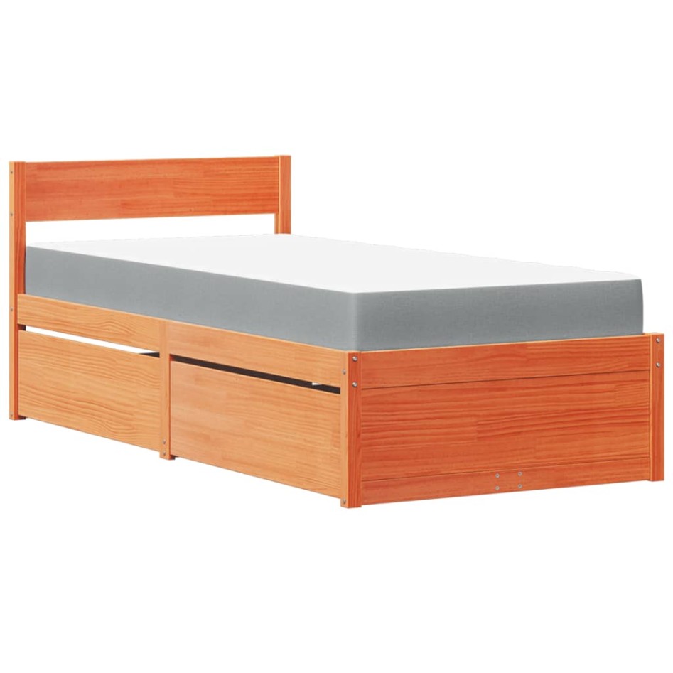 Cama con cajones y colchón madera pino marrón cera 90x190