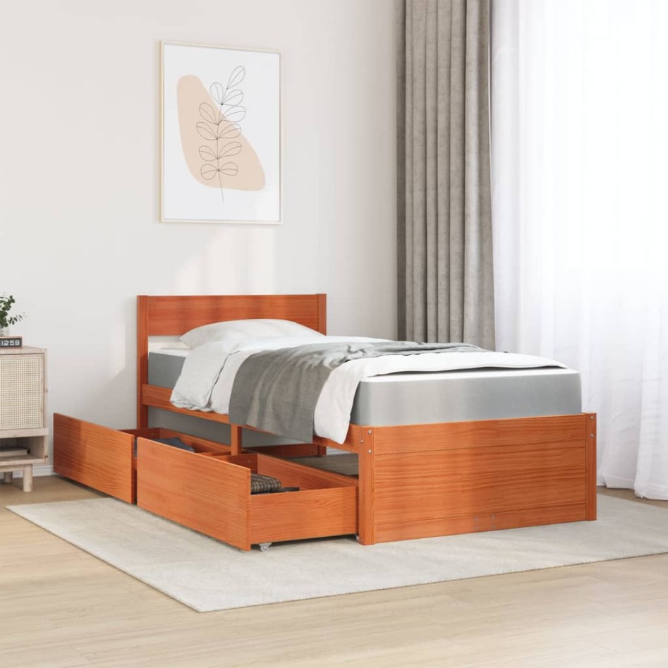 Cama con cajones y colchón madera pino marrón cera 90x190