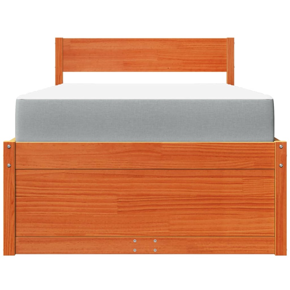 Cama con cajones y colchón madera pino marrón cera 90x190