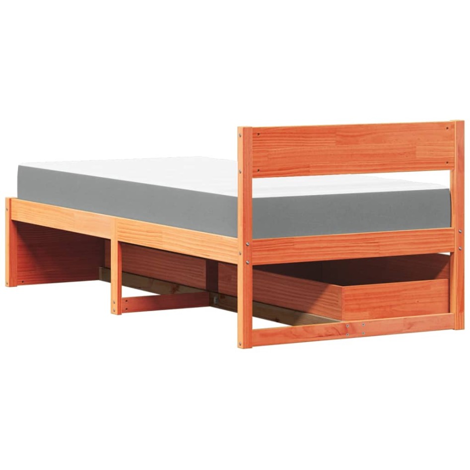 Cama con cajones y colchón madera pino marrón cera 90x190