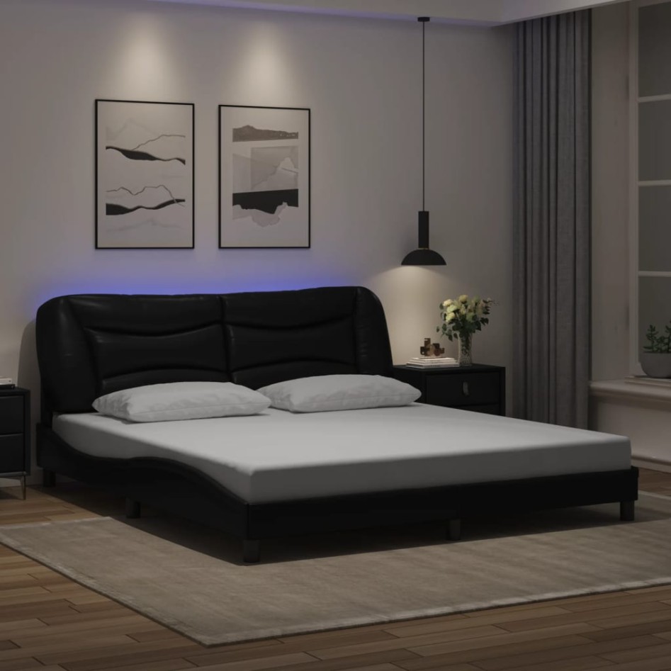 Estructura cama LED sin colchón cuero sintético negro