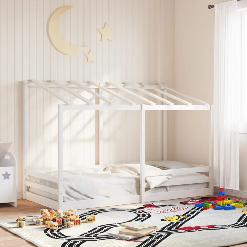 Cama infantil con techo madera maciza pino blanca 90x200