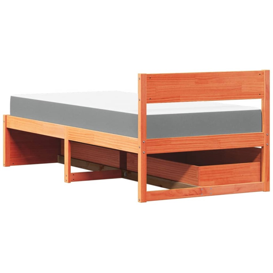 Cama con cajones y colchón madera maciza pino marrón 90x200