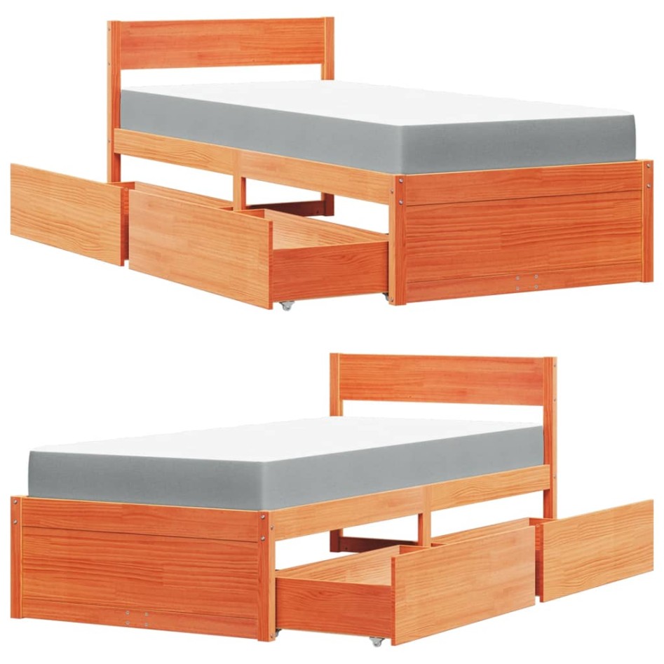 Cama con cajones y colchón madera maciza pino marrón 90x200