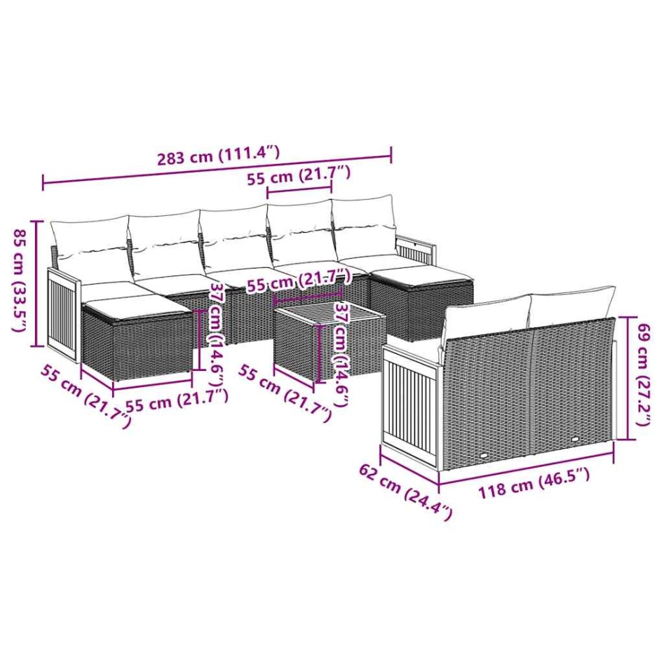 Set de sofás de jardín 10 pzas cojines ratán sintético