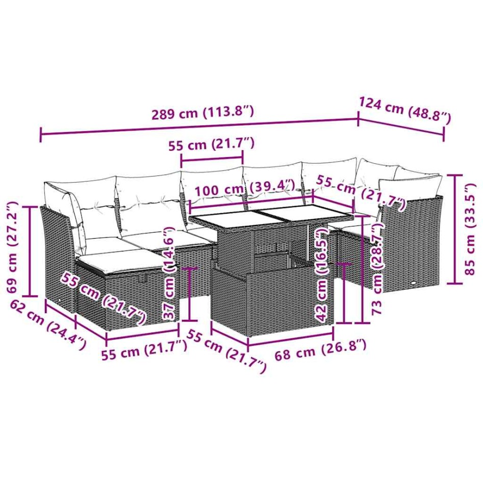 Set de sofás de jardín y cojines 8 piezas ratán sintético