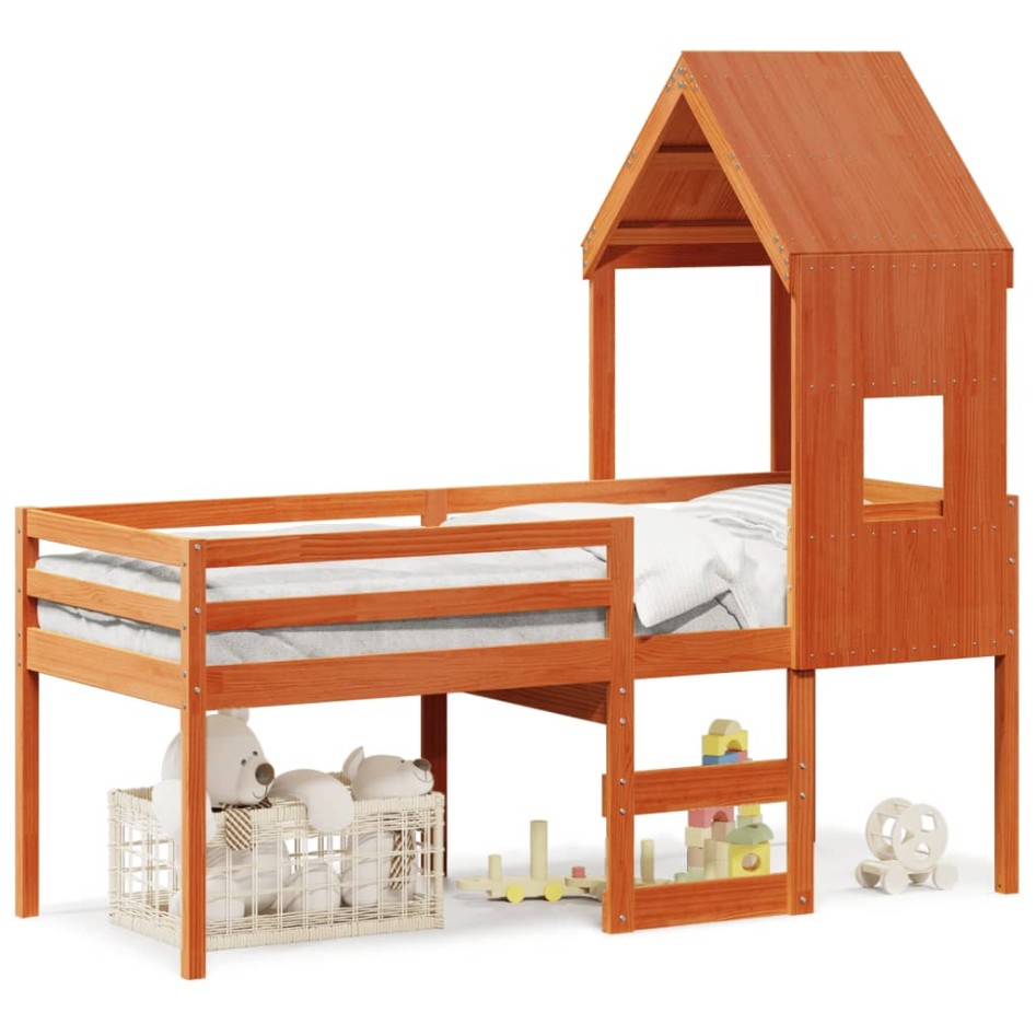 Cama alta con techo madera maciza de pino marrón cera 80x200