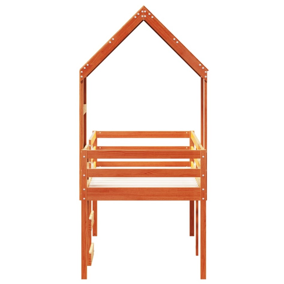 Cama alta con techo madera maciza de pino marrón cera 80x200