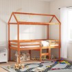 Cama alta con techo madera maciza de pino marrón cera 90x200 cm
