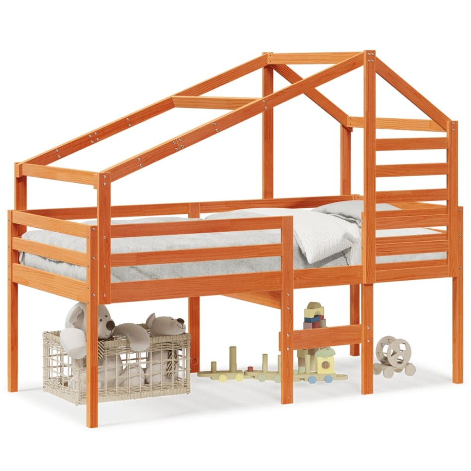 Cama alta con techo madera maciza de pino marrón cera 90x190