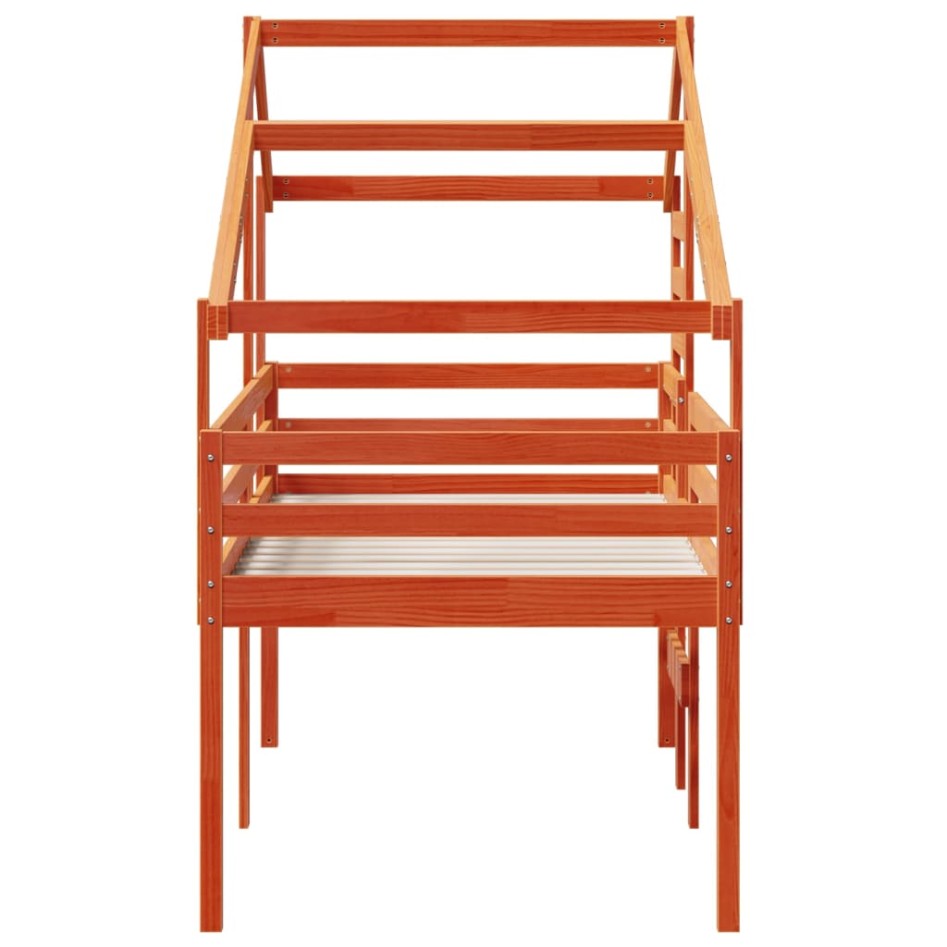 Cama alta con techo madera maciza de pino marrón cera 90x190