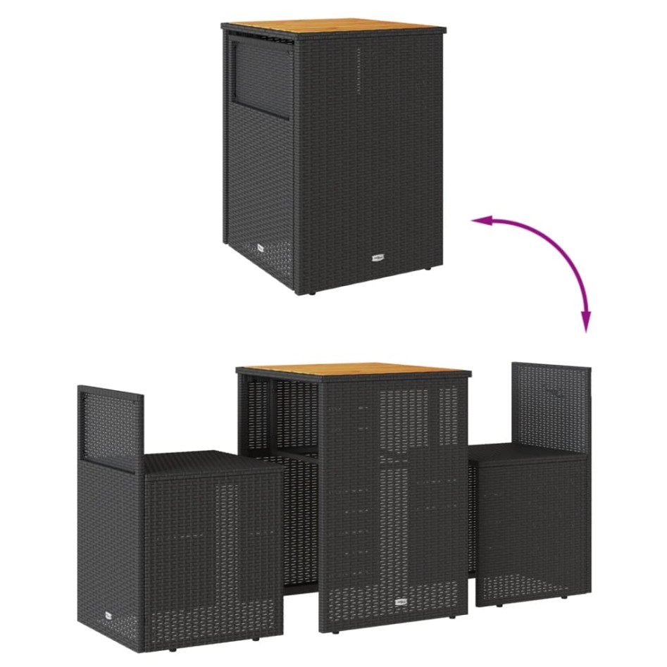 Mesita y sillas con cojines 3 piezas ratán sintético