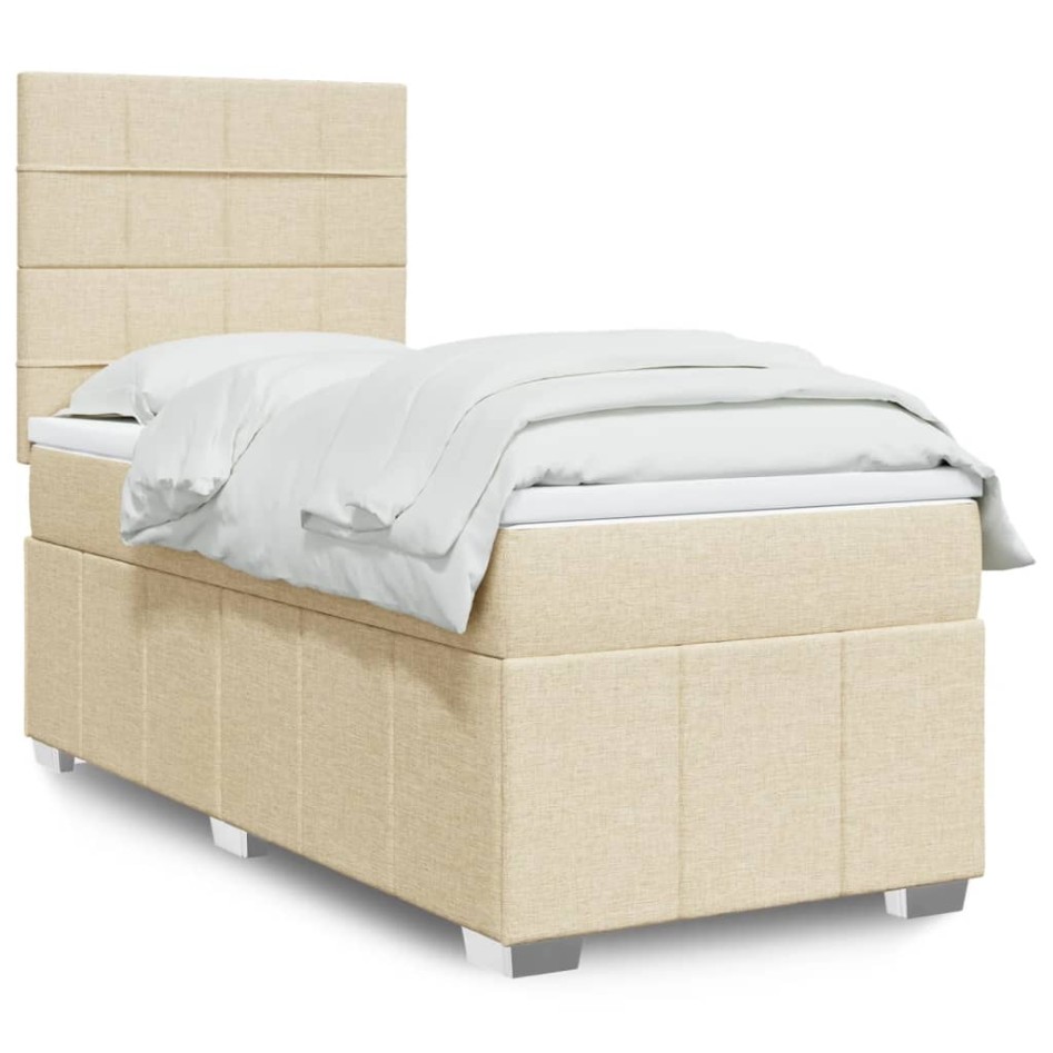 Cama box spring con colchón tela color crema 90x200