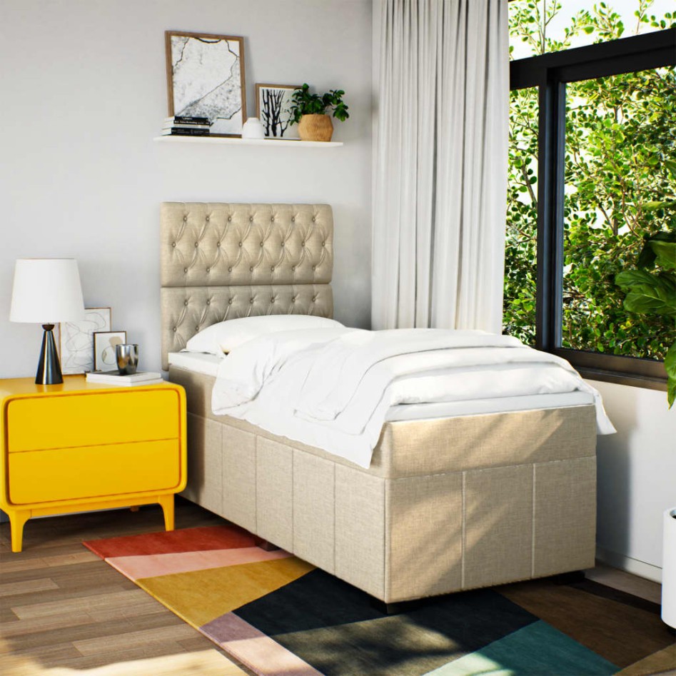 Cama box spring con colchón tela color crema 90x200