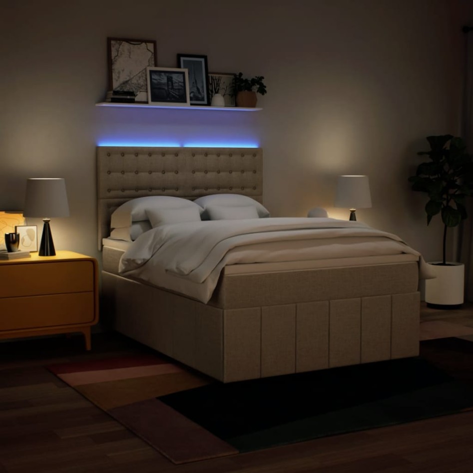 Cama box spring con colchón tela color crema 140x200