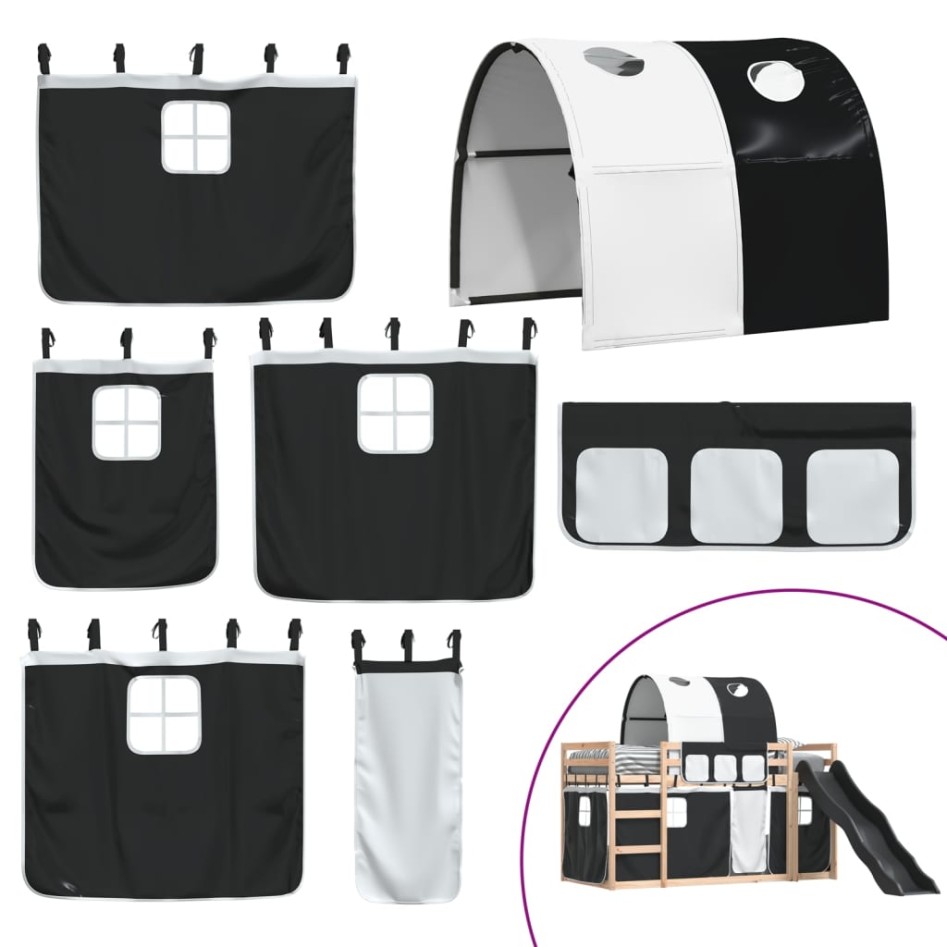 Litera con tobogán y cortinas blanco y negro 90x200