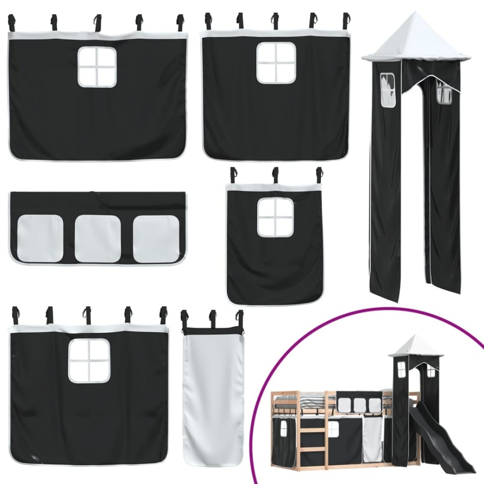 Litera con tobogán y cortinas blanco y negro 90x200