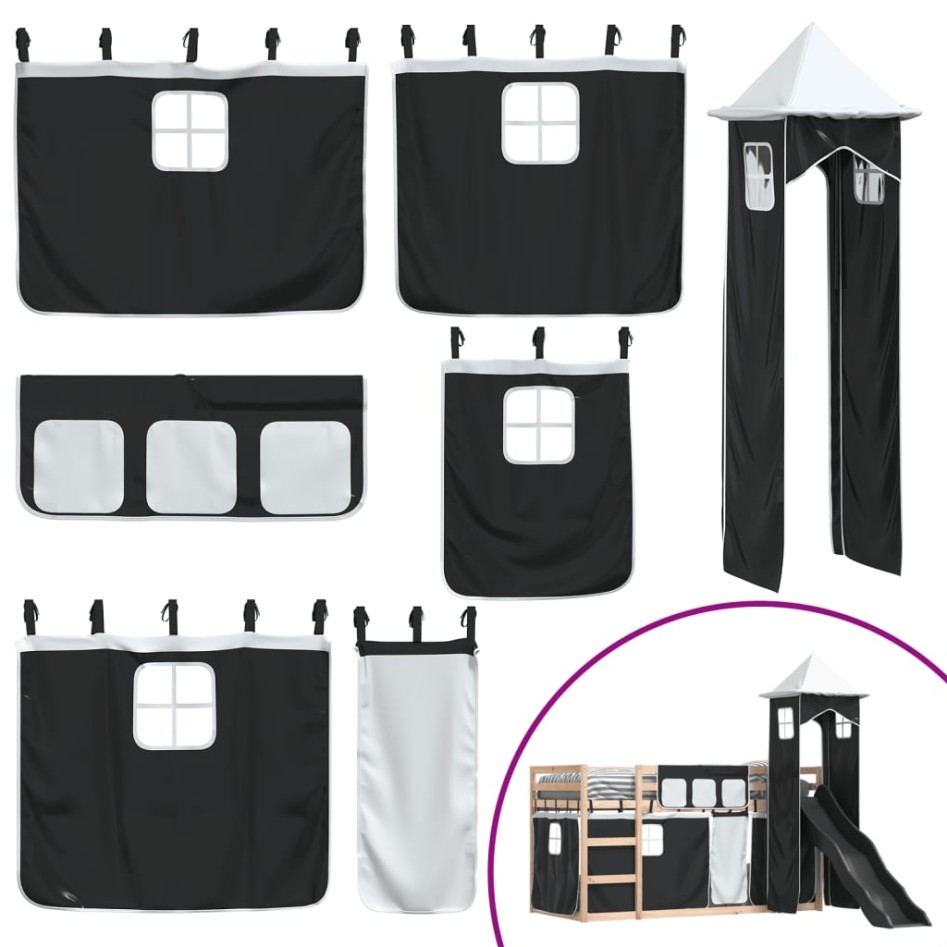 Litera con tobogán y cortinas blanco y negro 80x200