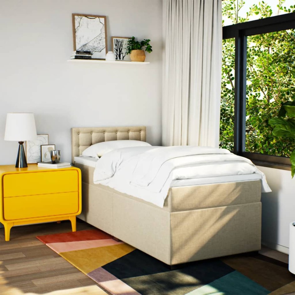 Cama box spring con colchón tela color crema 90x200