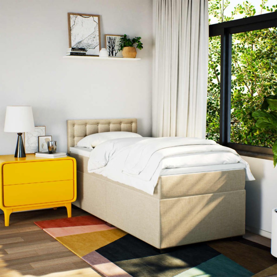 Cama box spring con colchón tela color crema 90x200