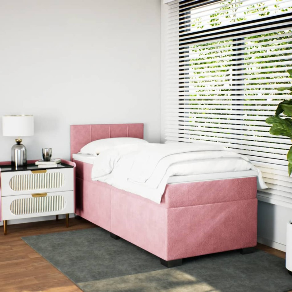 Cama box spring con colchón terciopelo rosa 80x200
