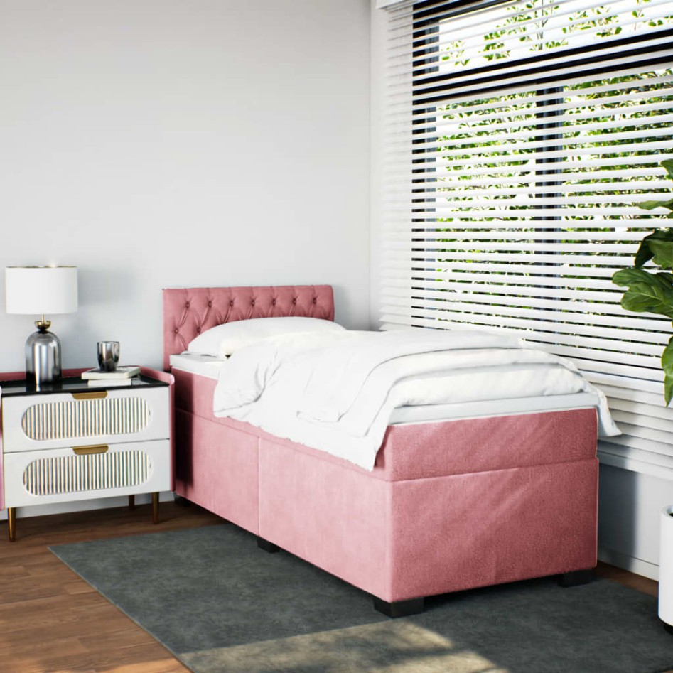 Cama box spring con colchón terciopelo rosa 80x200