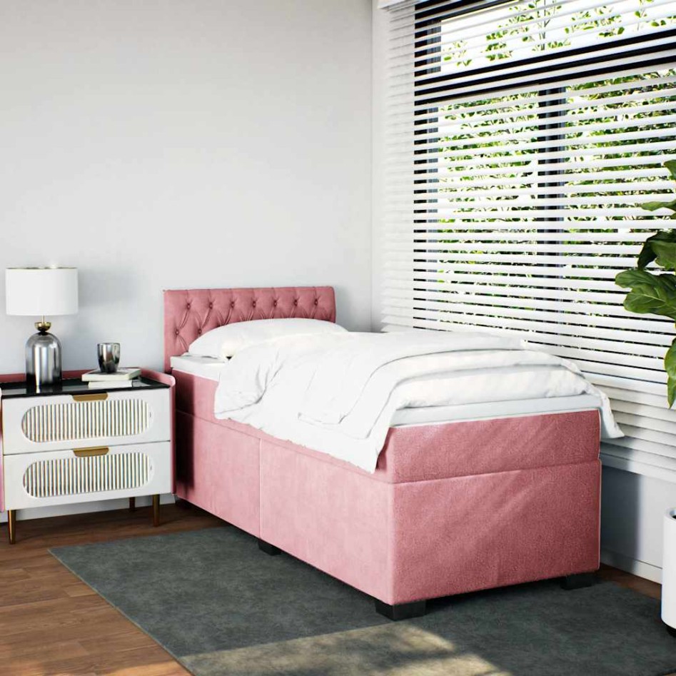 Cama box spring con colchón terciopelo rosa 80x200