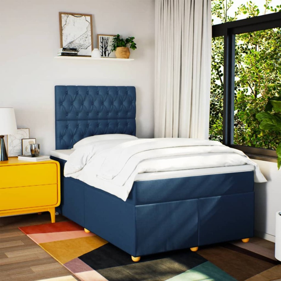 Cama box spring con colchón tela azul 120x190