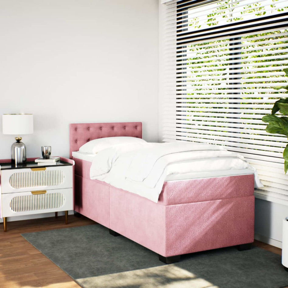 Cama box spring con colchón terciopelo rosa 90x200