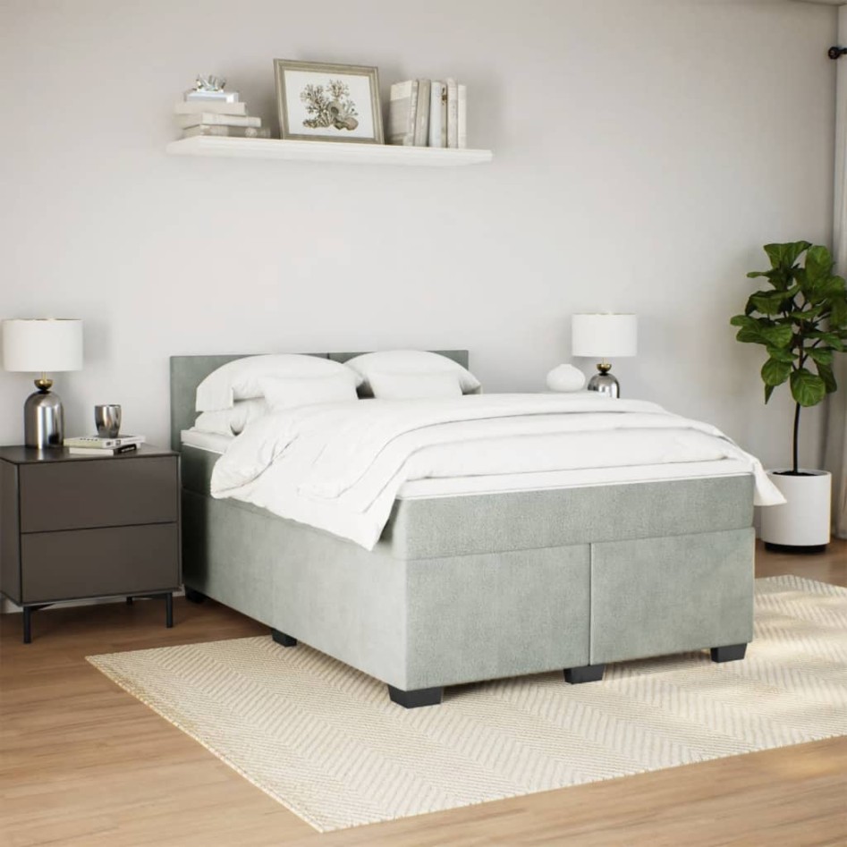 Cama box spring con colchón terciopelo gris claro 140x200