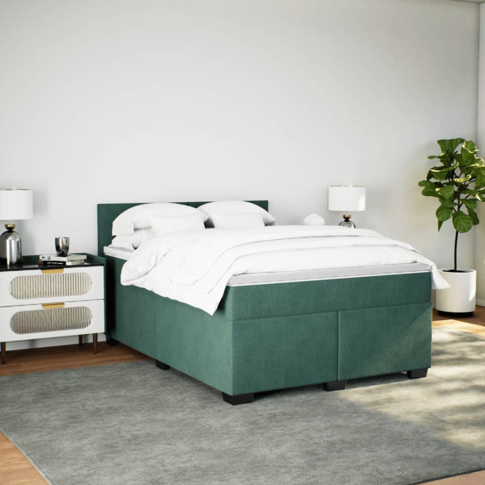 Cama box spring con colchón terciopelo verde oscuro 160x200