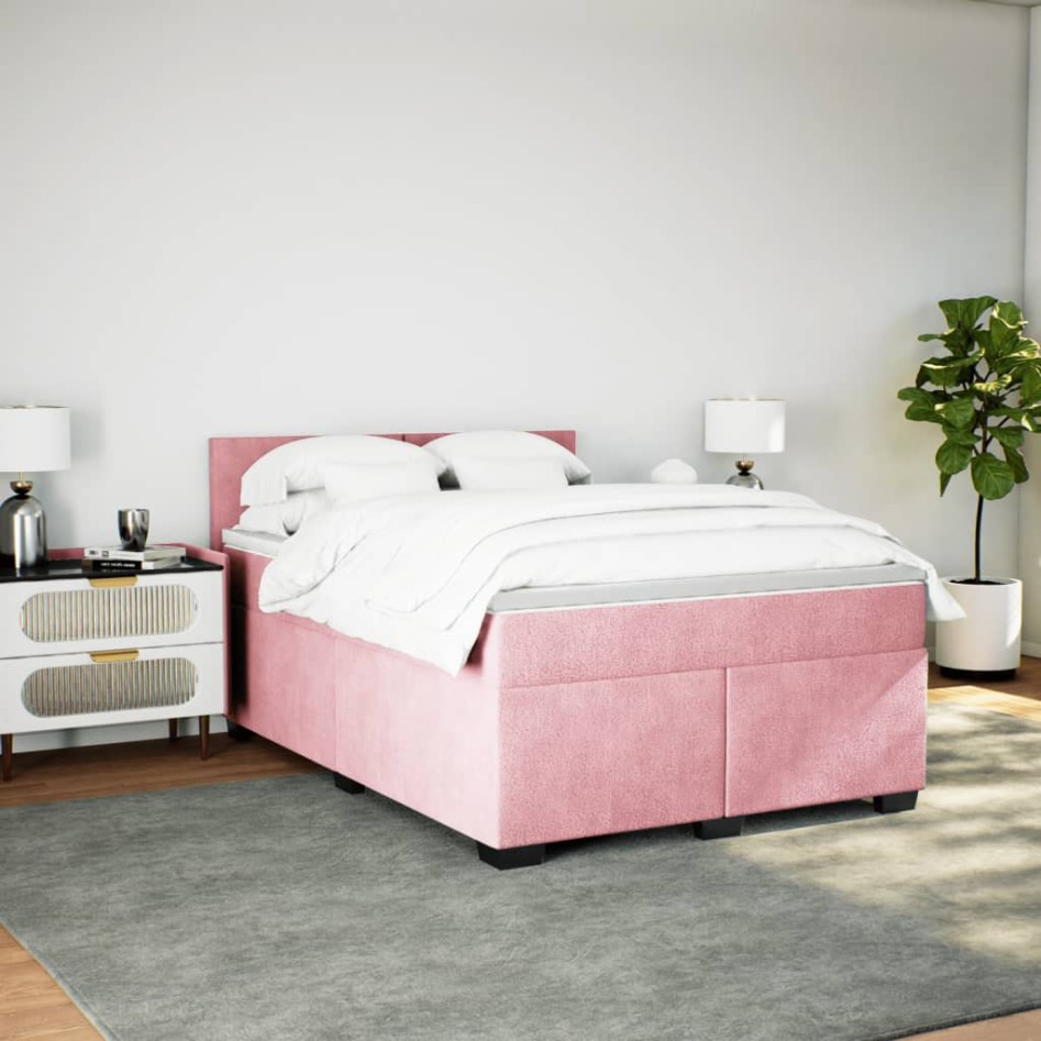 Cama box spring con colchón terciopelo rosa 160x200