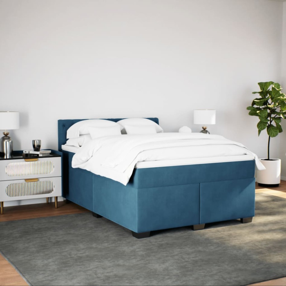 Cama box spring con colchón terciopelo azul 160x200