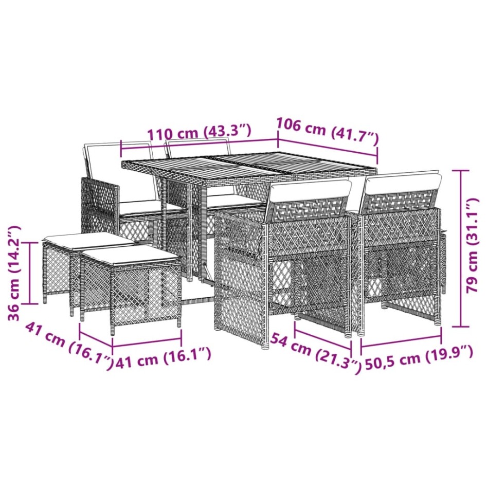 Set de comedor de jardín 9 pzas y cojines ratán sintético