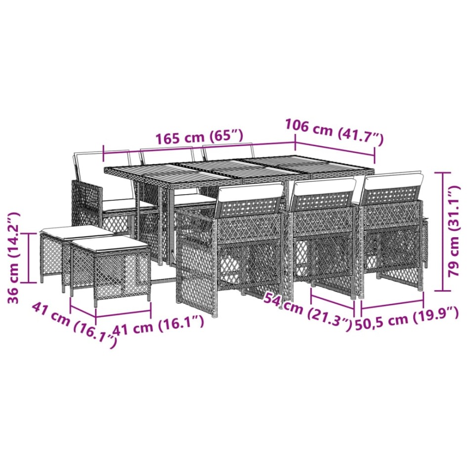 Set de comedor jardín 11 pzas con cojines ratán sintético
