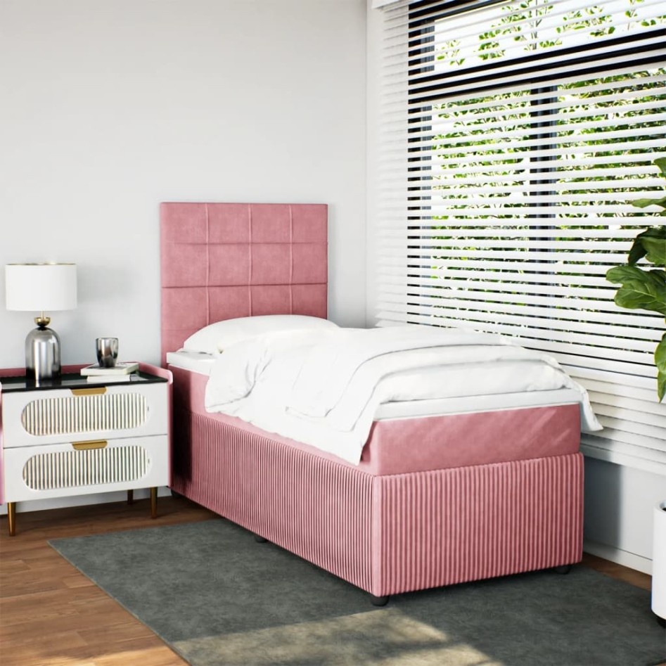 Cama box spring con colchón terciopelo rosa 90x200