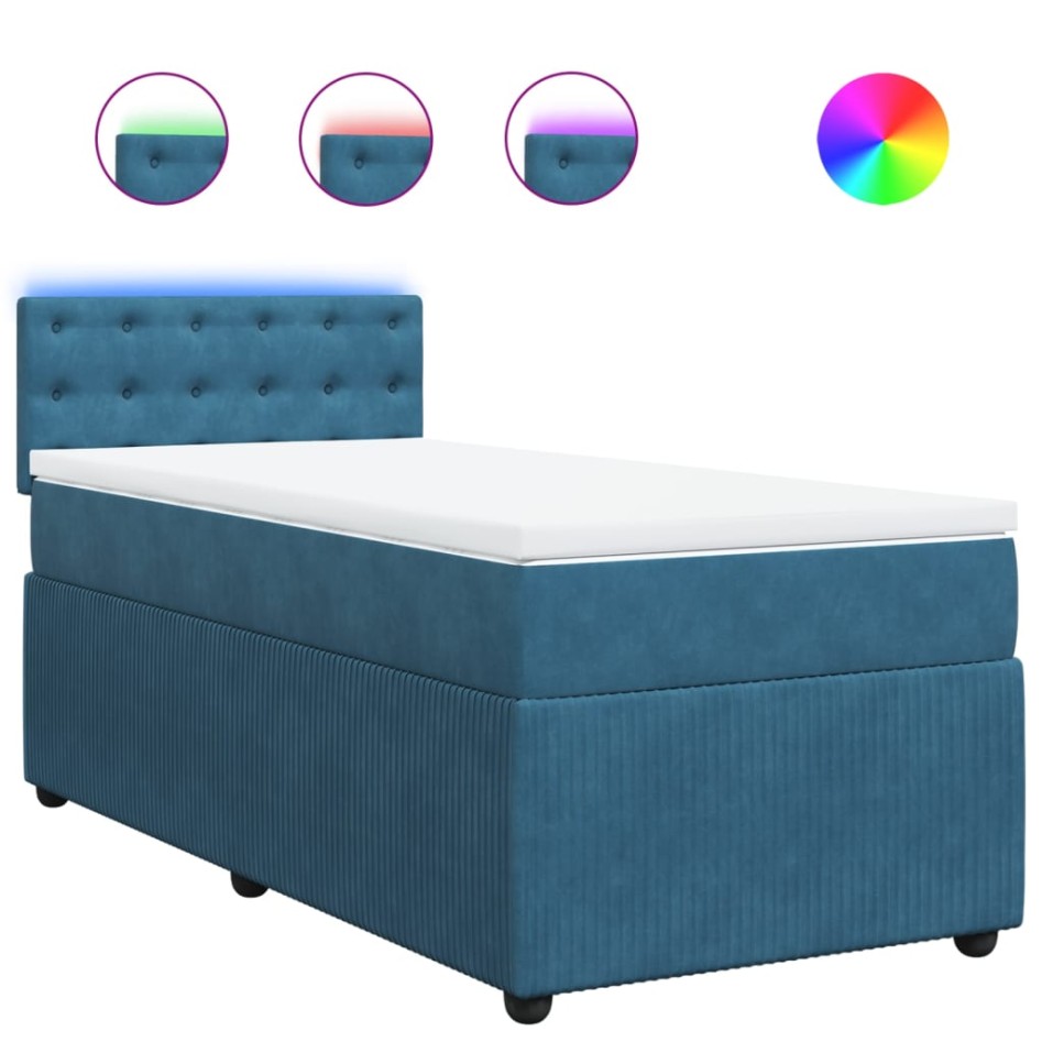 Cama box spring con colchón terciopelo azul 90x190