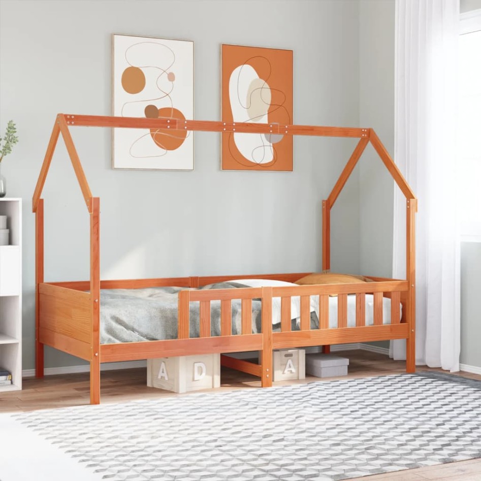 Cama con forma de casa de niños madera maciza marrón 90x200