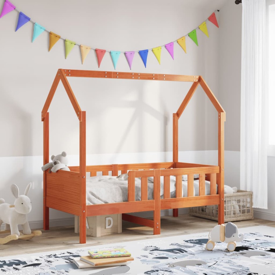Cama con forma de casa de niños madera maciza marrón 70x140