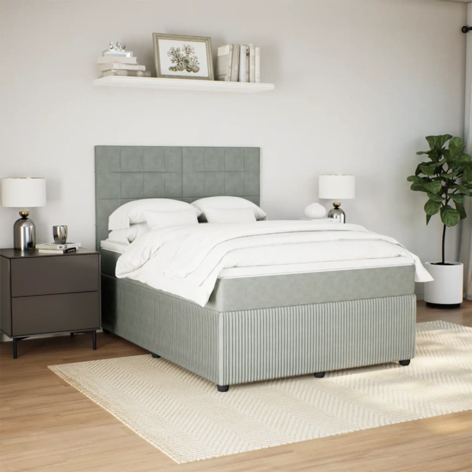 Cama box spring con colchón terciopelo gris claro 140x200