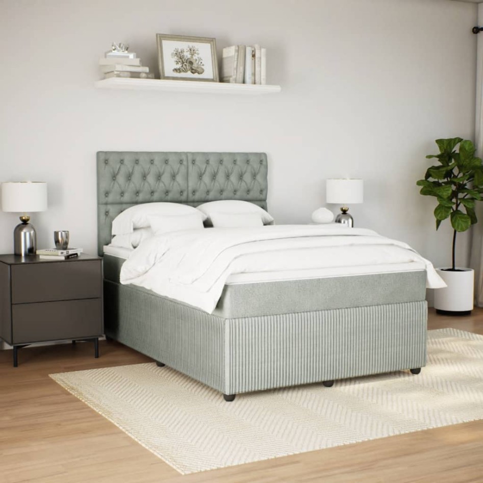 Cama box spring con colchón terciopelo gris claro 140x200