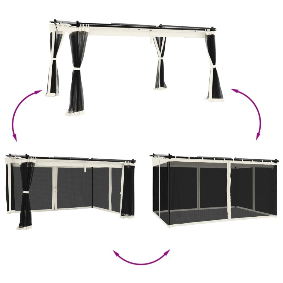 Cenador con paredes de malla acero crema 4x3