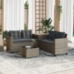 Sofá de jardín en forma de L con mesa y cojines ratán PE gris