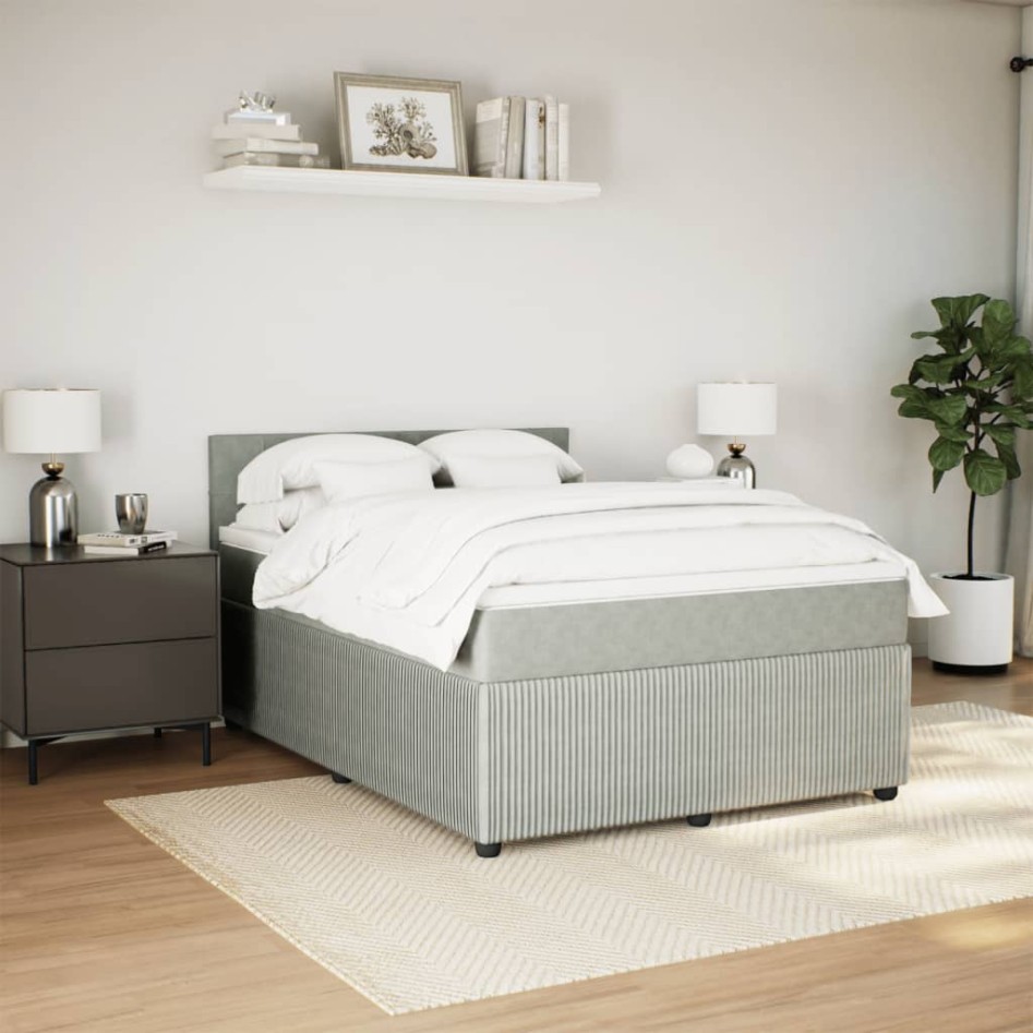 Cama box spring con colchón terciopelo gris claro 140x190