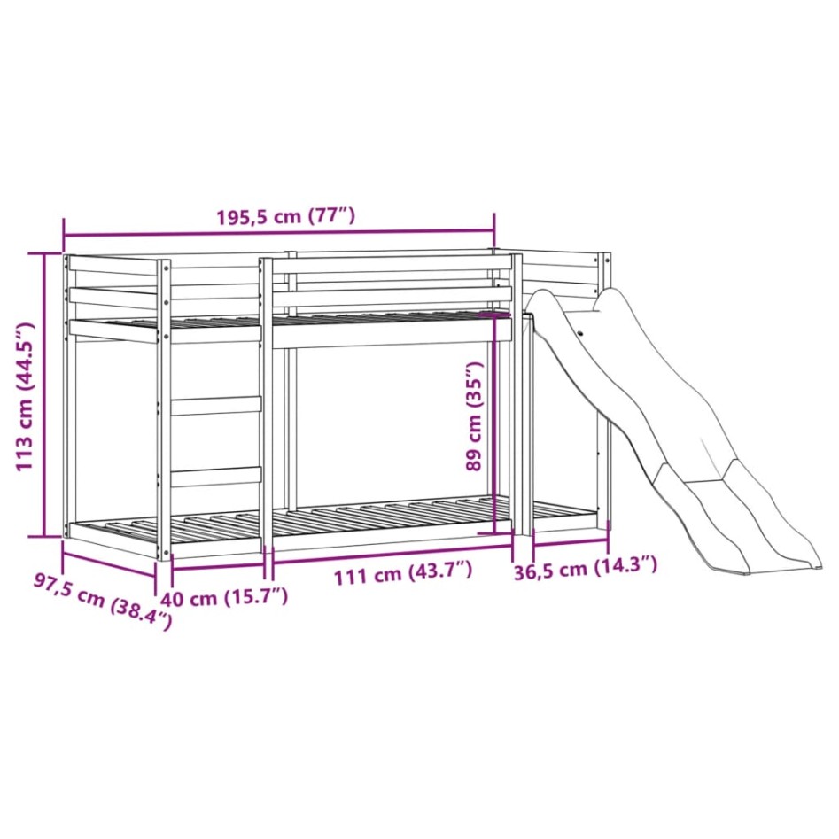 Litera con tobogán y escalera madera maciza de pino 90x190